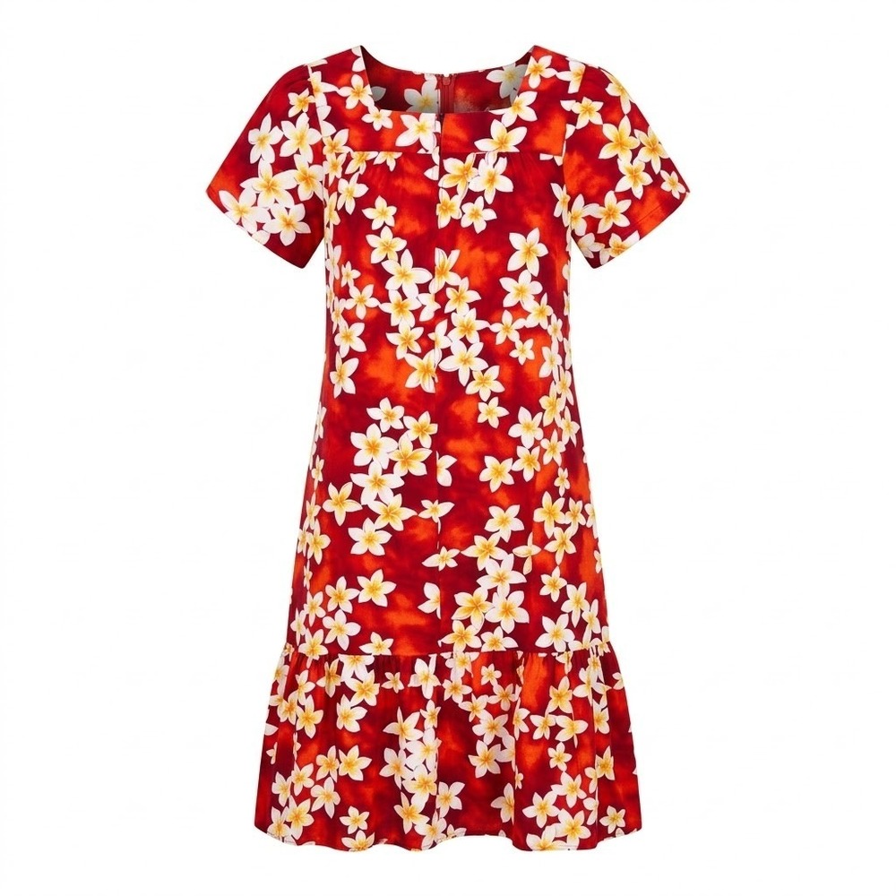 Hilo Hattie MEDIUM Red Plumeria Floral Muumuu Dress Made in Hawaii - CJ